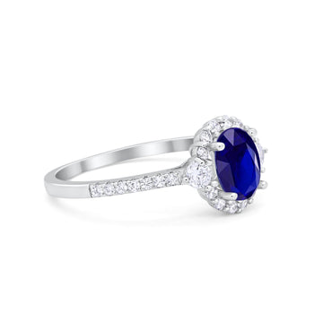 Art Deco Halo Oval Wedding Ring Simulated Blue Sapphire CZ 925 Sterling Silver